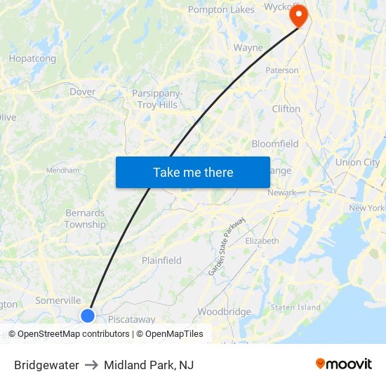 Bridgewater to Midland Park, NJ map