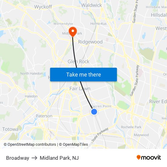 Broadway to Midland Park, NJ map