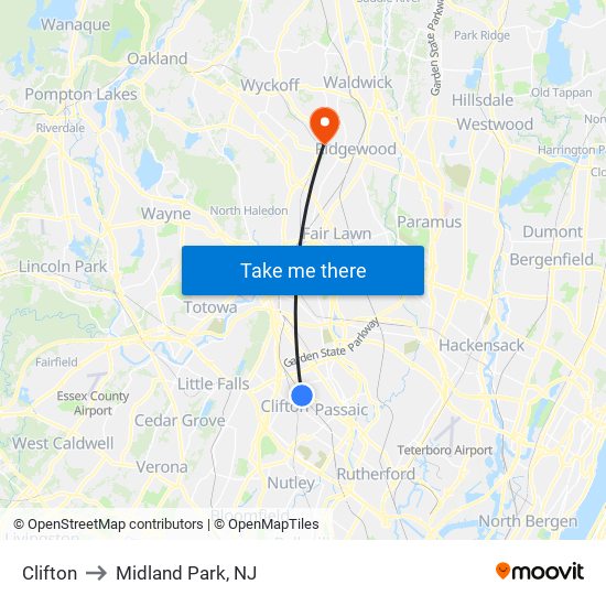 Clifton to Midland Park, NJ map