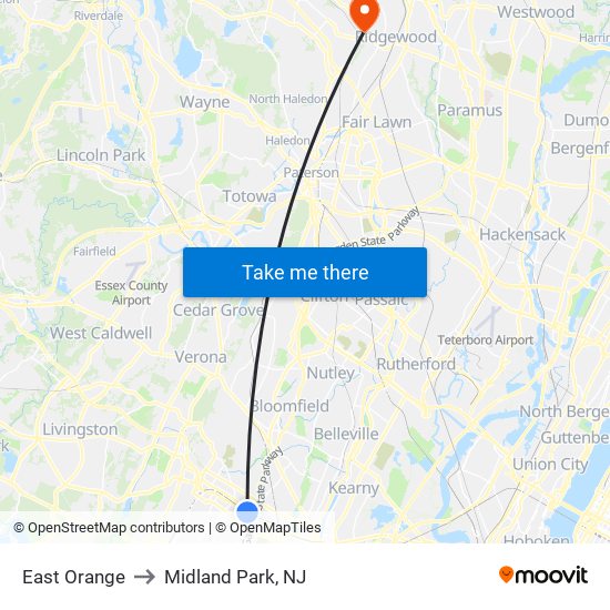 East Orange to Midland Park, NJ map