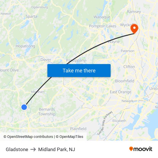 Gladstone to Midland Park, NJ map