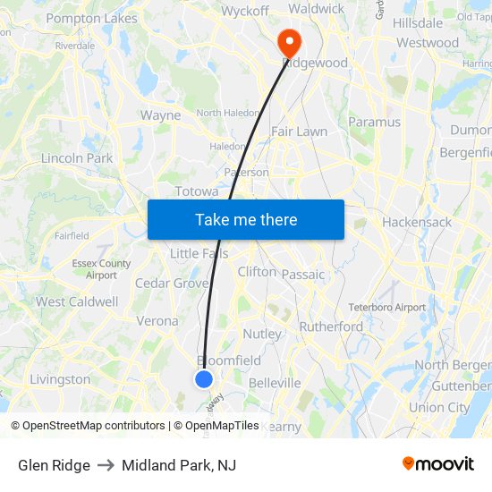 Glen Ridge to Midland Park, NJ map