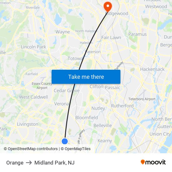 Orange to Midland Park, NJ map