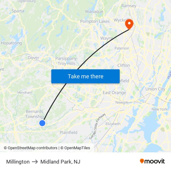 Millington to Midland Park, NJ map