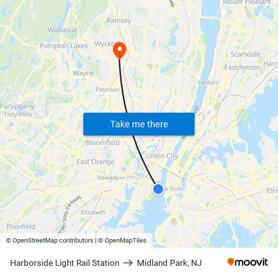 Harborside Light Rail Station to Midland Park, NJ map