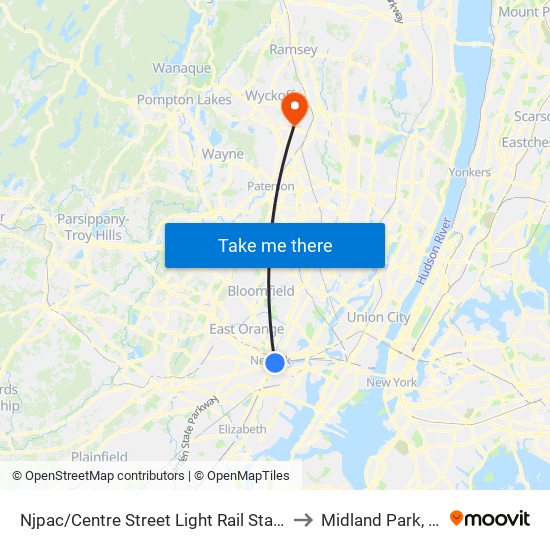 Njpac/Centre Street Light Rail Station to Midland Park, NJ map