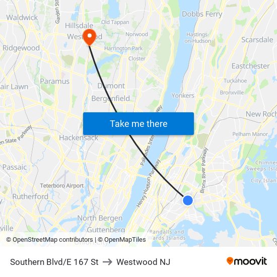 Southern Blvd/E 167 St to Westwood NJ map