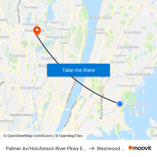 Palmer Av/Hutchinson River Pkwy East to Westwood NJ map