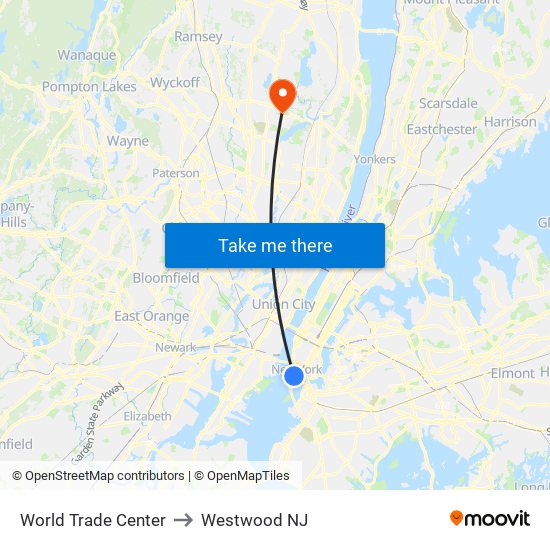 World Trade Center to Westwood NJ map