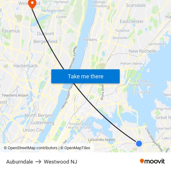 Auburndale to Westwood NJ map