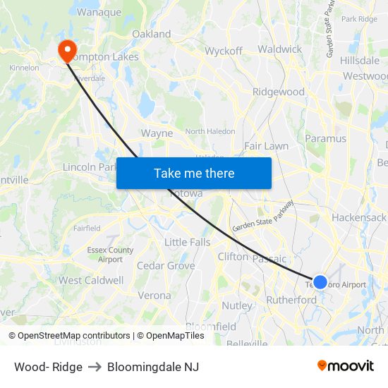 Wood- Ridge to Bloomingdale NJ map