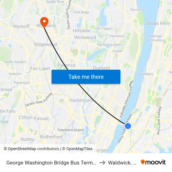 George Washington Bridge Bus Terminal to Waldwick, NJ map