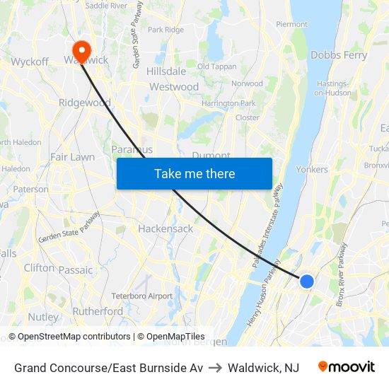 Grand Concourse/East Burnside Av to Waldwick, NJ map