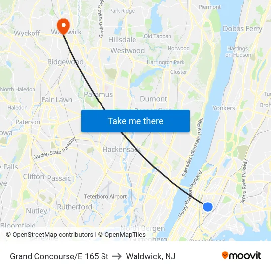 Grand Concourse/E 165 St to Waldwick, NJ map