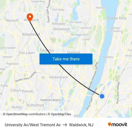 University Av/West Tremont Av to Waldwick, NJ map