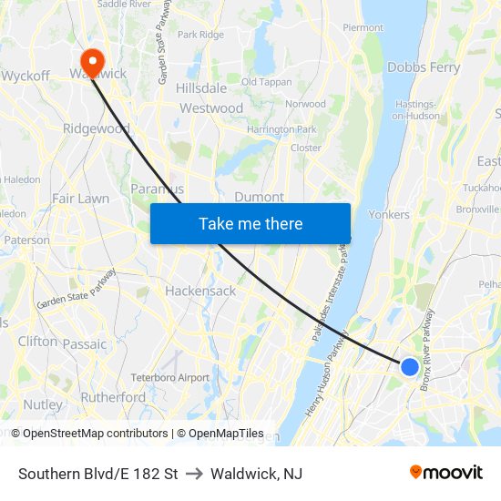 Southern Blvd/E 182 St to Waldwick, NJ map