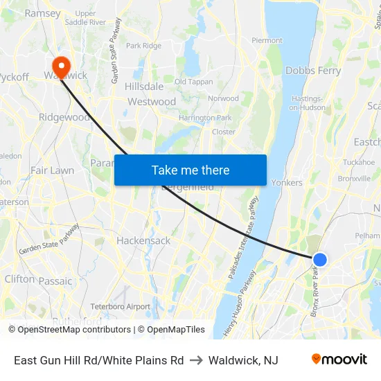 East Gun Hill Rd/White Plains Rd to Waldwick, NJ map