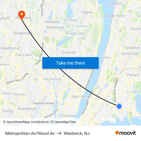 Metropolitan Av/Wood Av to Waldwick, NJ map