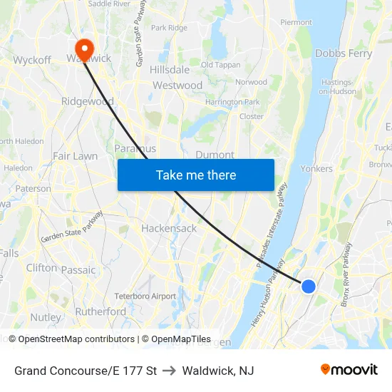 Grand Concourse/E 177 St to Waldwick, NJ map
