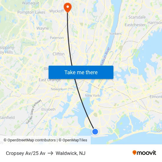 Cropsey Av/25 Av to Waldwick, NJ map