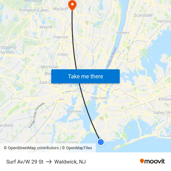 Surf Av/W 29 St to Waldwick, NJ map