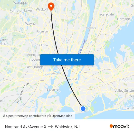 Nostrand Av/Avenue X to Waldwick, NJ map