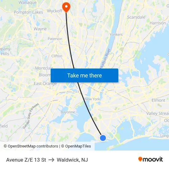 Avenue Z/E 13 St to Waldwick, NJ map