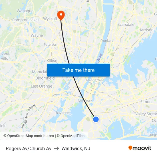 Rogers Av/Church Av to Waldwick, NJ map