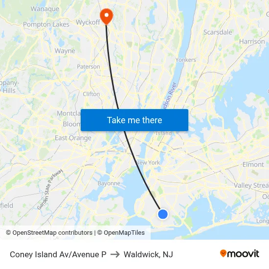 Coney Island Av/Avenue P to Waldwick, NJ map