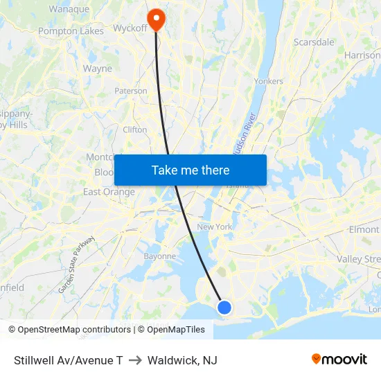 Stillwell Av/Avenue T to Waldwick, NJ map