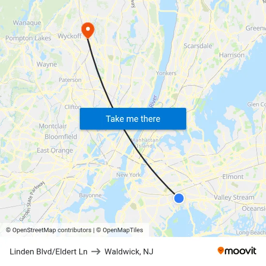 Linden Blvd/Eldert Ln to Waldwick, NJ map