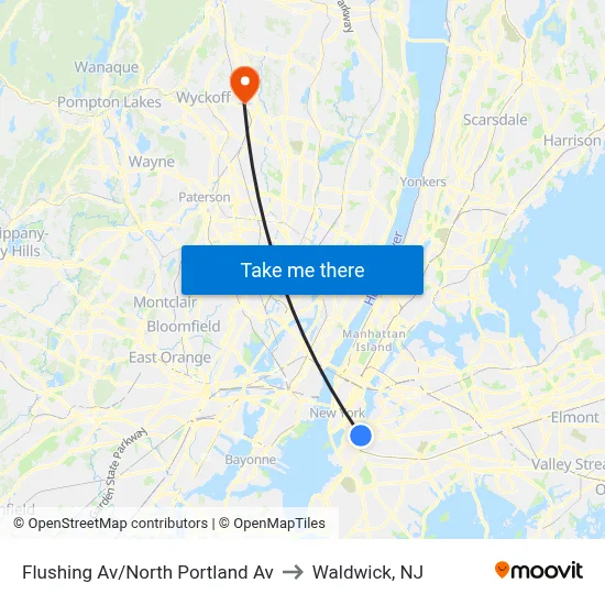 Flushing Av/North Portland Av to Waldwick, NJ map