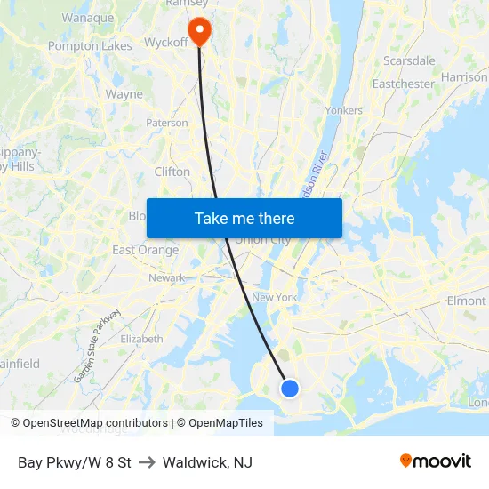 Bay Pkwy/W 8 St to Waldwick, NJ map