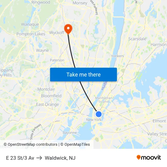 E 23 St/3 Av to Waldwick, NJ map