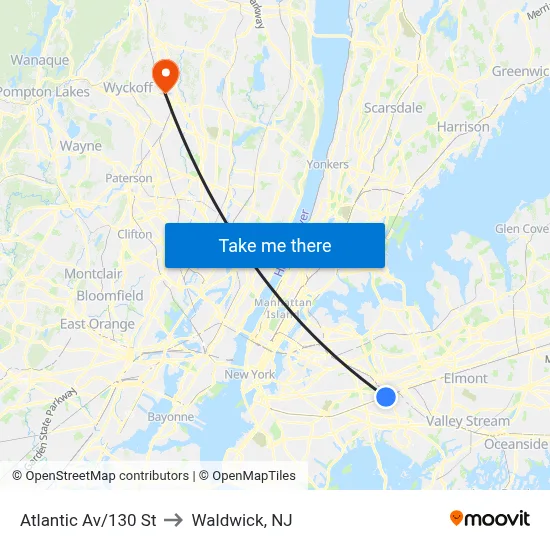 Atlantic Av/130 St to Waldwick, NJ map