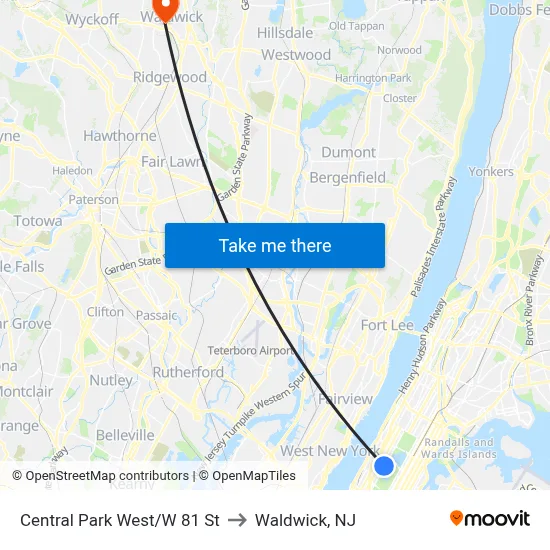 Central Park West/W 81 St to Waldwick, NJ map