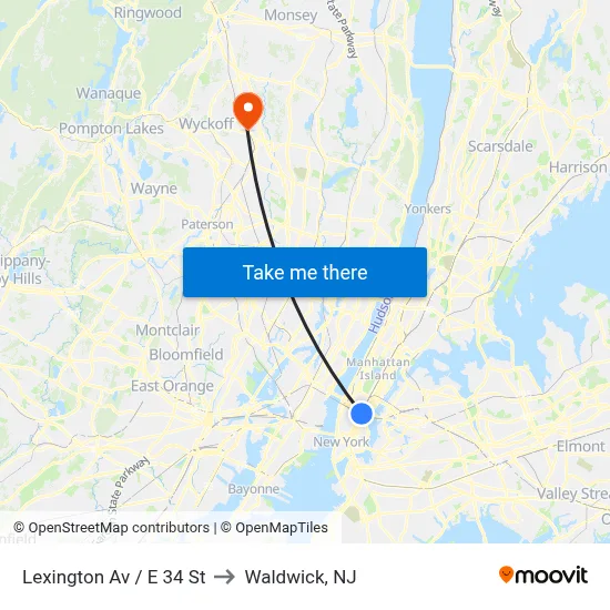 Lexington Av / E 34 St to Waldwick, NJ map