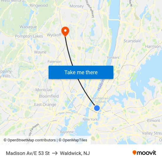 Madison Av/E 53 St to Waldwick, NJ map