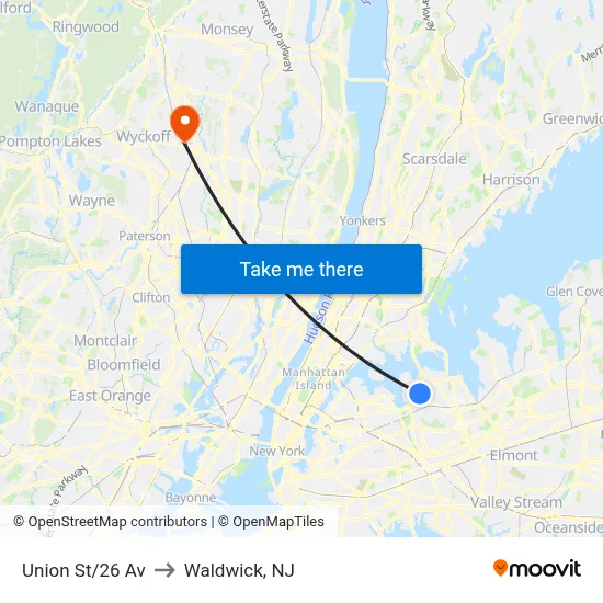 Union St/26 Av to Waldwick, NJ map