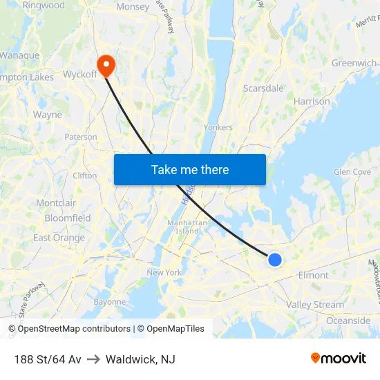 188 St/64 Av to Waldwick, NJ map