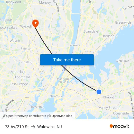 73 Av/210 St to Waldwick, NJ map