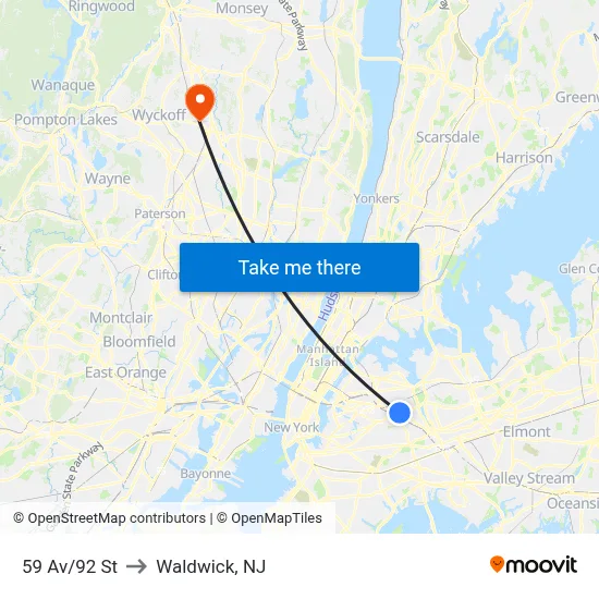 59 Av/92 St to Waldwick, NJ map