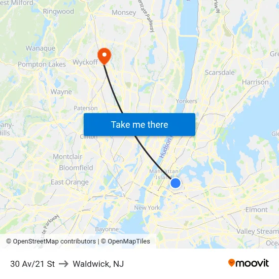 30 Av/21 St to Waldwick, NJ map