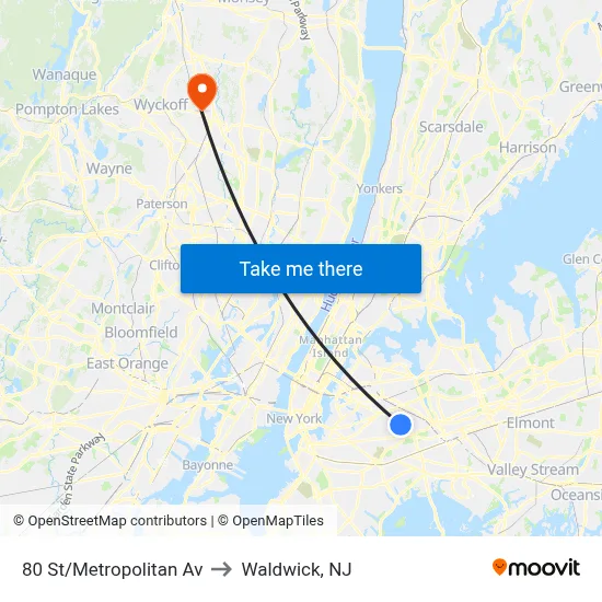 80 St/Metropolitan Av to Waldwick, NJ map