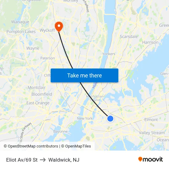 Eliot Av/69 St to Waldwick, NJ map