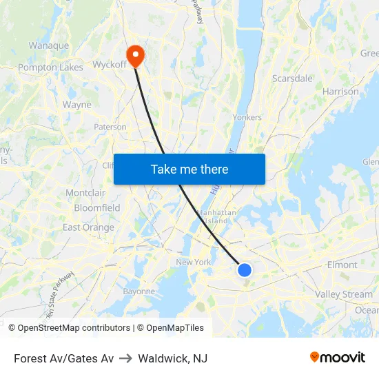 Forest Av/Gates Av to Waldwick, NJ map