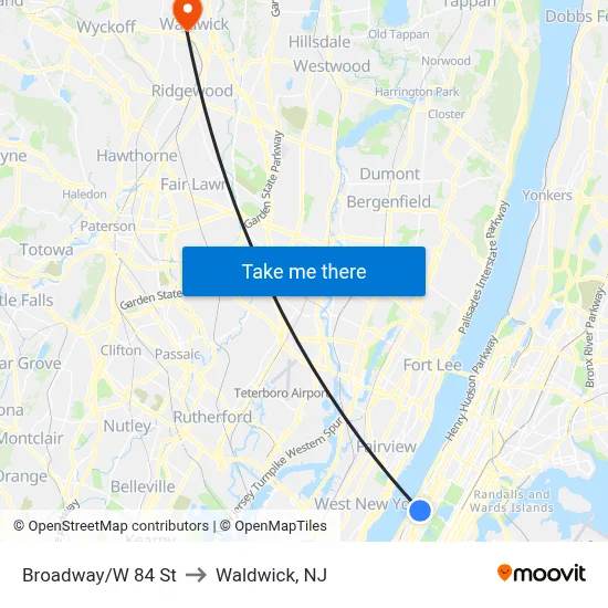 Broadway/W 84 St to Waldwick, NJ map