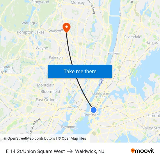 E 14 St/Union Square West to Waldwick, NJ map