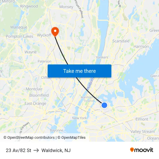 23 Av/82 St to Waldwick, NJ map