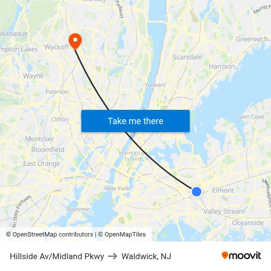 Hillside Av/Midland Pkwy to Waldwick, NJ map